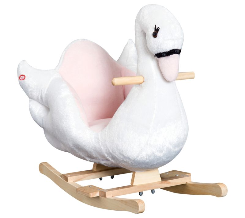 Cheval à Bascule Cygne Fonction Musicale Bois Peluche Douce Blanc Rose