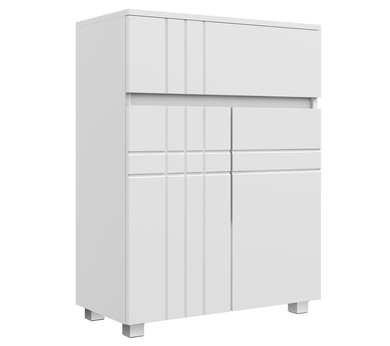 Meuble Bas Salle De Bain - 2 Portes Façades Laquées, Étagère, Tiroir - Blanc