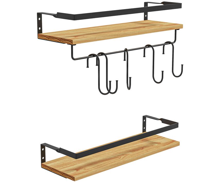 Lot De 2 Étagères Murales Flottantes - 6 Crochets Amovibles - Sapin Acier