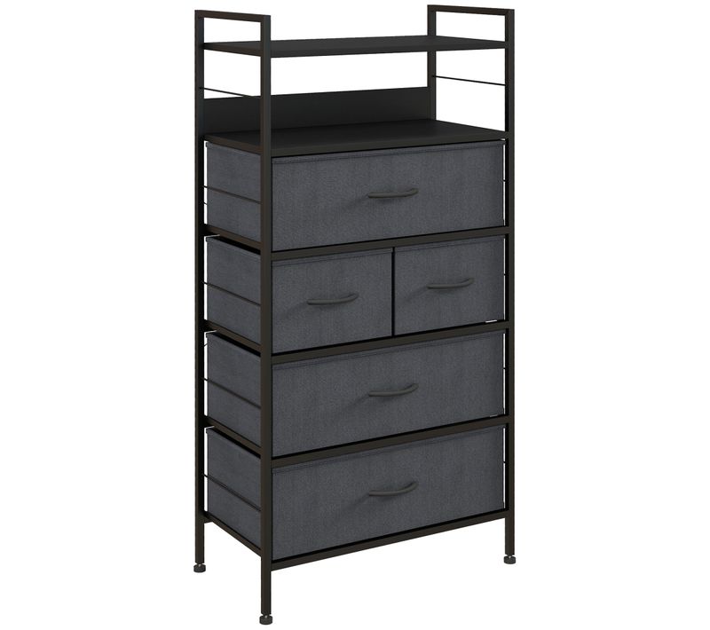 Rangement Commode 5 Tiroirs 2 étagères Acier Mdf Non Tissé Noir