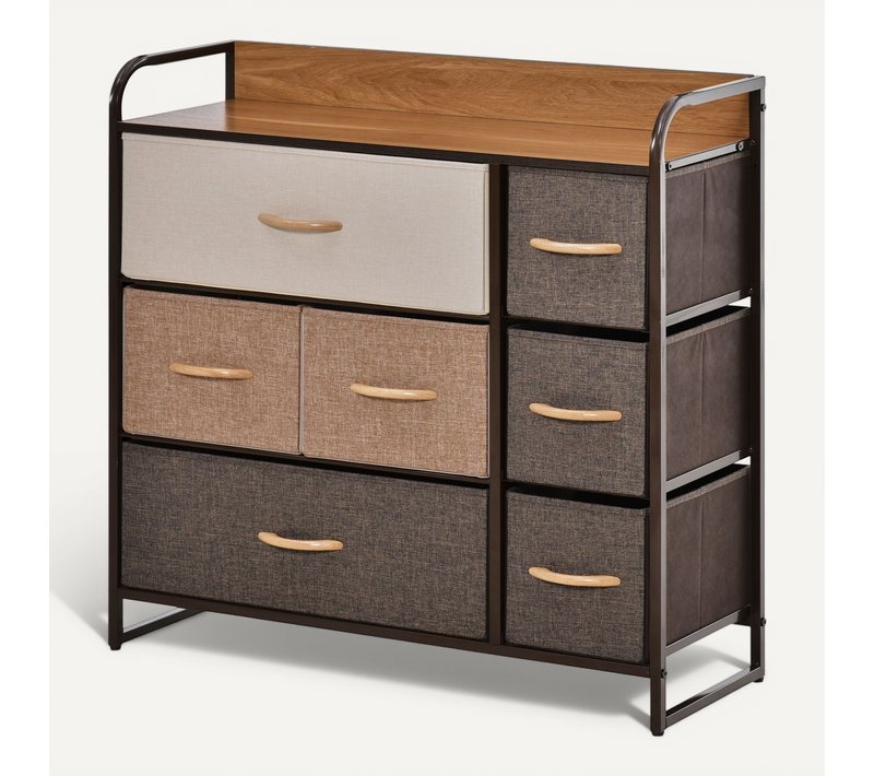 Rangement Commode 7 Tiroirs Plateau Aspect Bois Acier Non Tissé Marron Beige