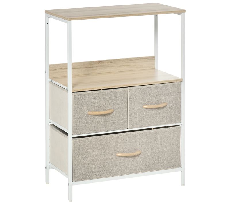 Commode 3 Tiroirs étagère Plateau Acier Blanc Aspect Bois Clair Non Tissé Gris Clair