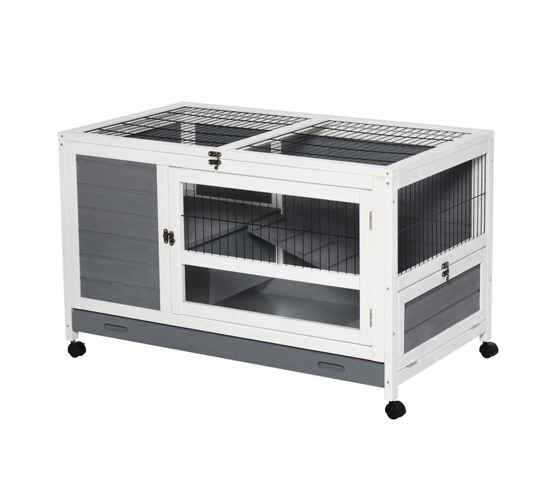 Clapier à Lapin Sur Roulettes 2 étages Bois De Sapin Gris Blanc