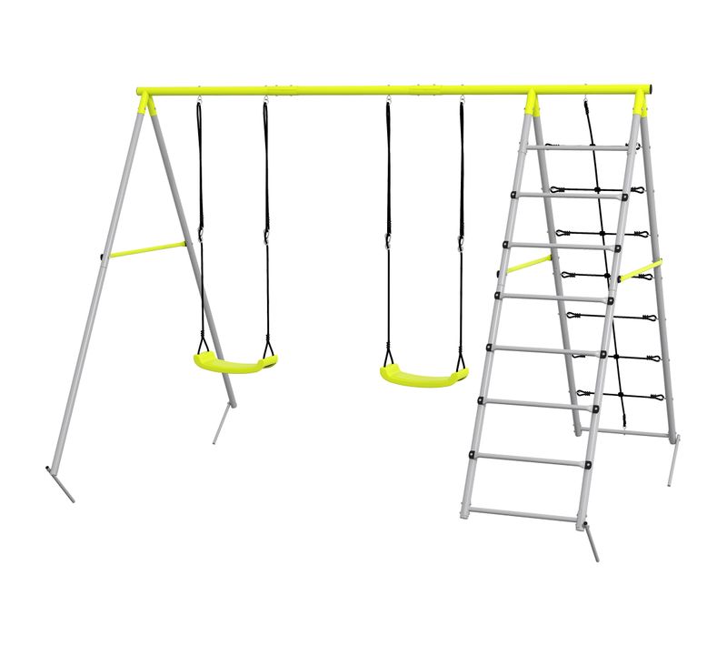 Balançoire Portique 4 Agrès - 2 Balançoires, 2 Échelles - Gris Vert