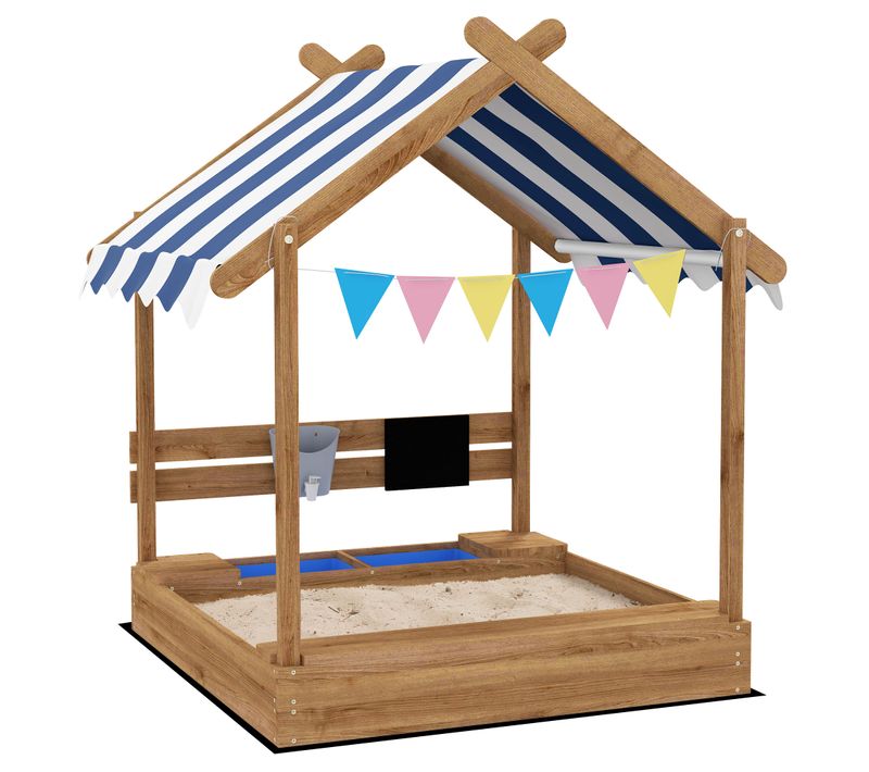 Bac à Sable Bois Forme De Maison Auvent 2 Bacs Évier Tableau Noir Fanions