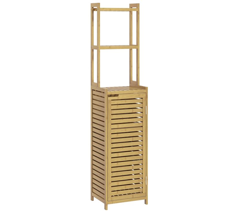 Meuble Colonne Salle De Bain Style Naturel Porte Niche 4 Étagères Bambou