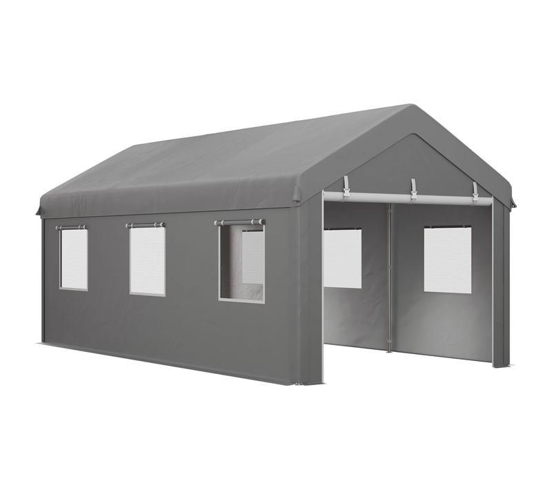 Tente Carport Dim. 6l X 2,95l X 2,78h M 2 Portes 6 Fenêtres Acier Pe Gris