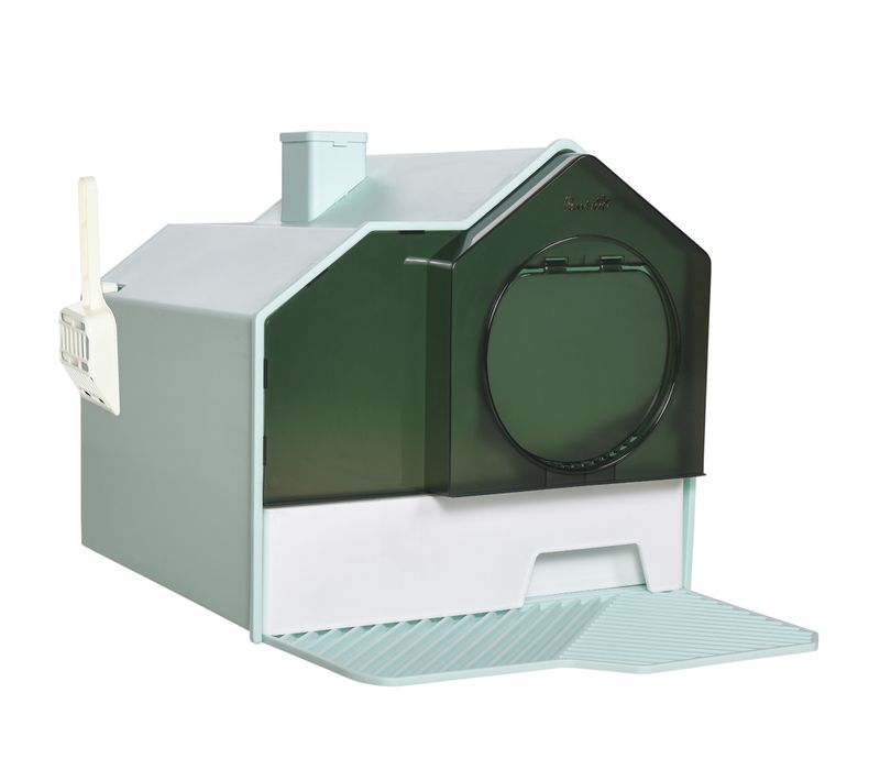 Maison De Toilette Chat Design Maisonnette Porte Battante Pelle Filtre Tapis Bleu