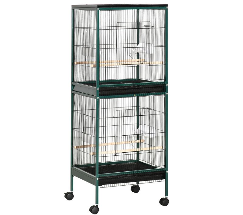 Grande Cage à Oiseaux Sur Pied à Roulettes - Volière Double - Acier