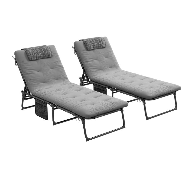 Lot De 2 Transats Pliables Inclinables - Matelas Épais - Métal Tissu