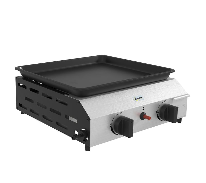 Plancha Gaz Portable Antiadhésive 2 Brûleurs 4,8 Kw Surface Cuisson 40l X 34l Cm Acier Inox émaillé