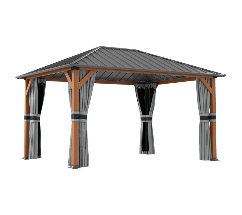 Pavillon De Jardin Structure Alu Aspect Bois Toit Rigide Métal Rideaux Moustiquaires