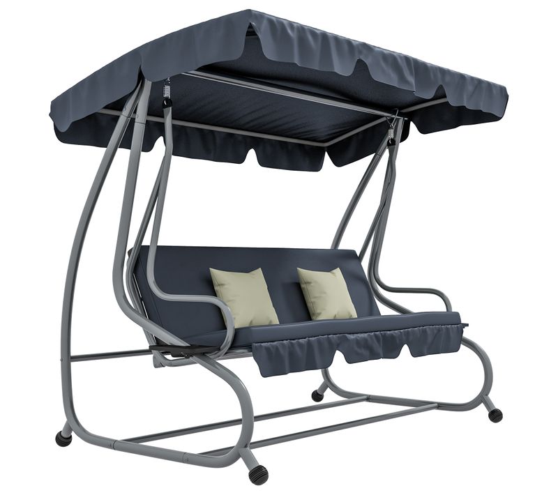 Balancelle De Jardin 3 Places Convertible 2 Tablettes Coussins Gris