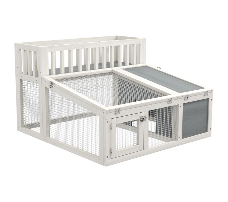 Clapier Cage Lapin Design - Espace Déco, Niche, Enclos, Portes - Bois Gris Blanc