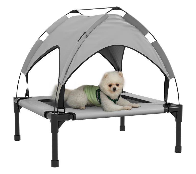 Lit Chien Sur Pied Avec Voile Ombrage Et Sac Transport Gris