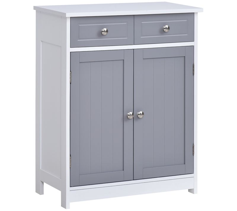 Meuble Bas Salle De Bain - 2 Portes, 2 Tiroirs, étagère - Mdf Blanc Gris