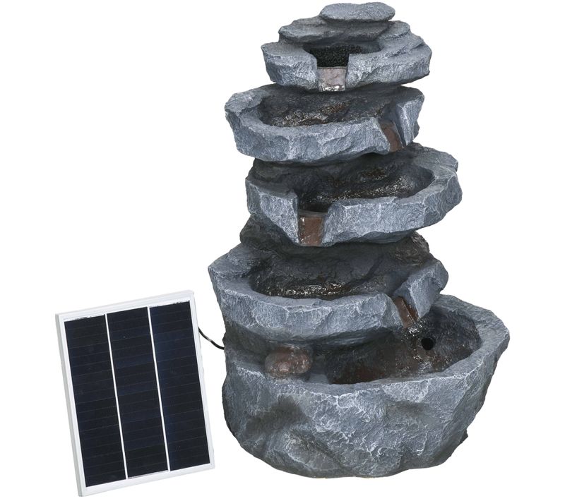 Fontaine De Jardin à Énergie Solaire - Fontaine Roche Cascade 5 Niv. LED Pompe Incluse - Résine Gris