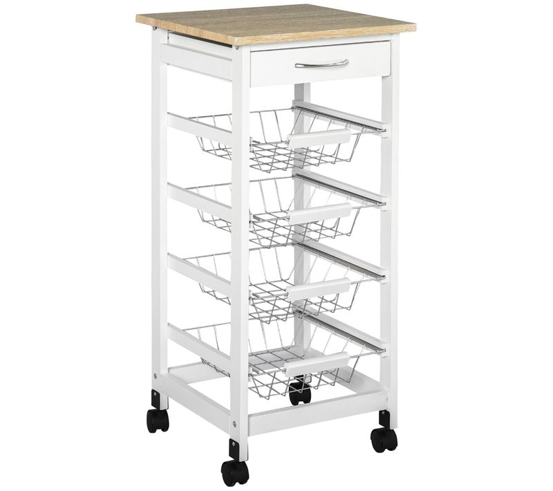 Desserte De Cuisine - 4 Paniers Coulissants, Tiroir - Bois Blanc Mdf Bois Clair