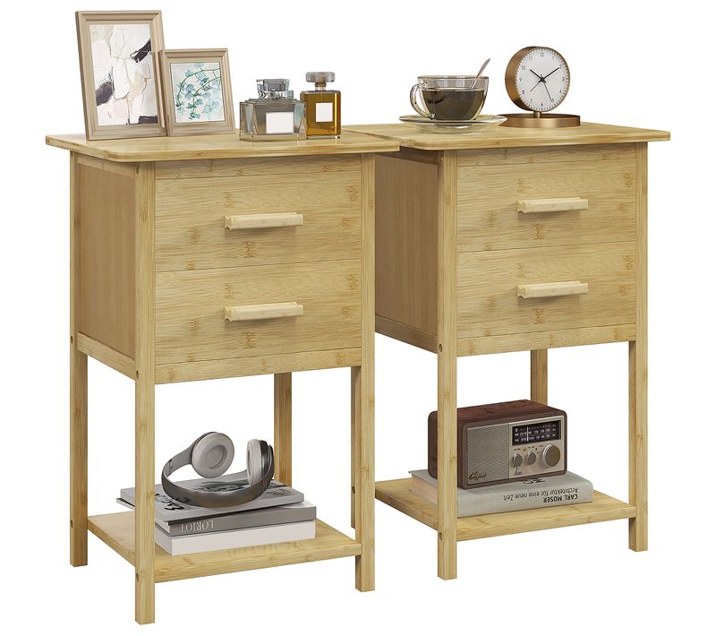 Lot De 2 Chevets Style Naturel - 2 Tiroirs, Étagère - Bois De Bambou Verni