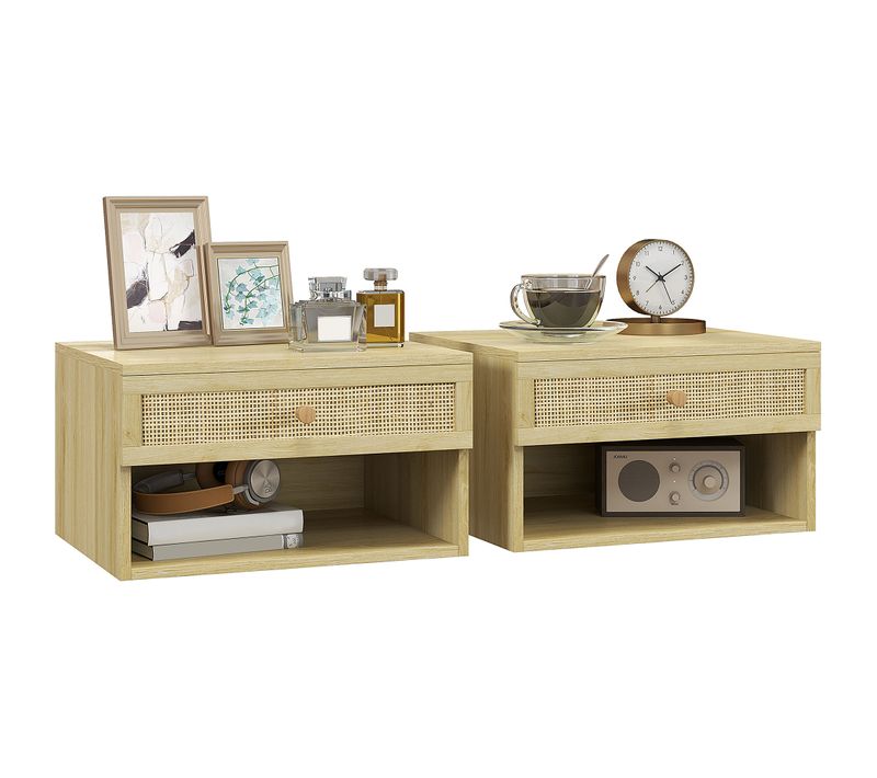 Lot De 2 Chevets Suspendus - Tiroir, Niche, Plateau - Cannage Rotin Aspect Bois Clair
