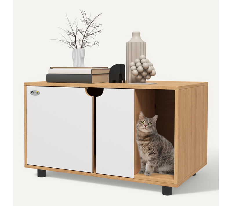 Maison De Toilette Chat Style Scandinave - Portes, Aérations - Naturel Blanc