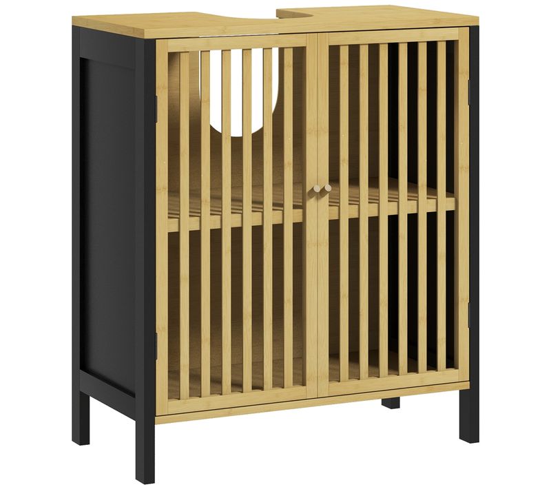 Meuble Sous-vasque 2 Portes Étagère Mdf Noir Bambou Verni