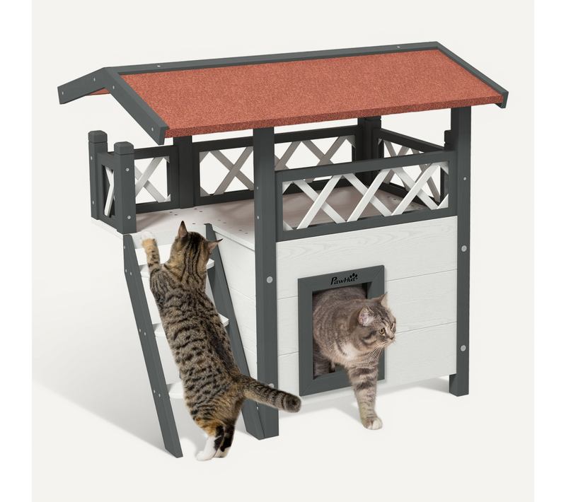 Maison Lodge Niche Pour Chat Bois Gris Blanc Toit Rouge