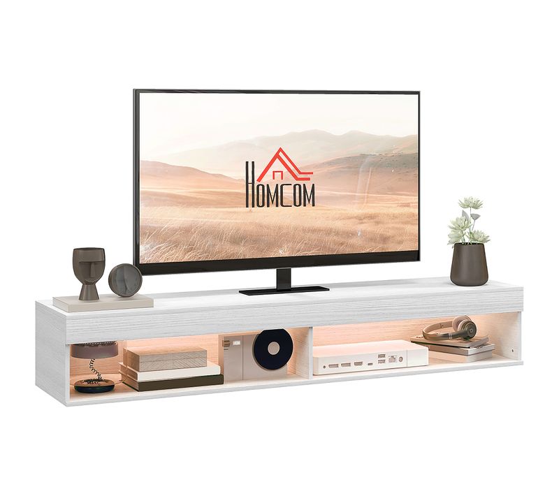 Meuble TV Design LED Suspendu Mural - 2 Niches - Aspect Bois Blanc