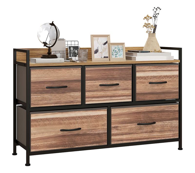 Commode 5 Tiroirs Et Étagère - 98 X 29 X 63 Cm - Métal Noir Non Tissé Aspect Bois