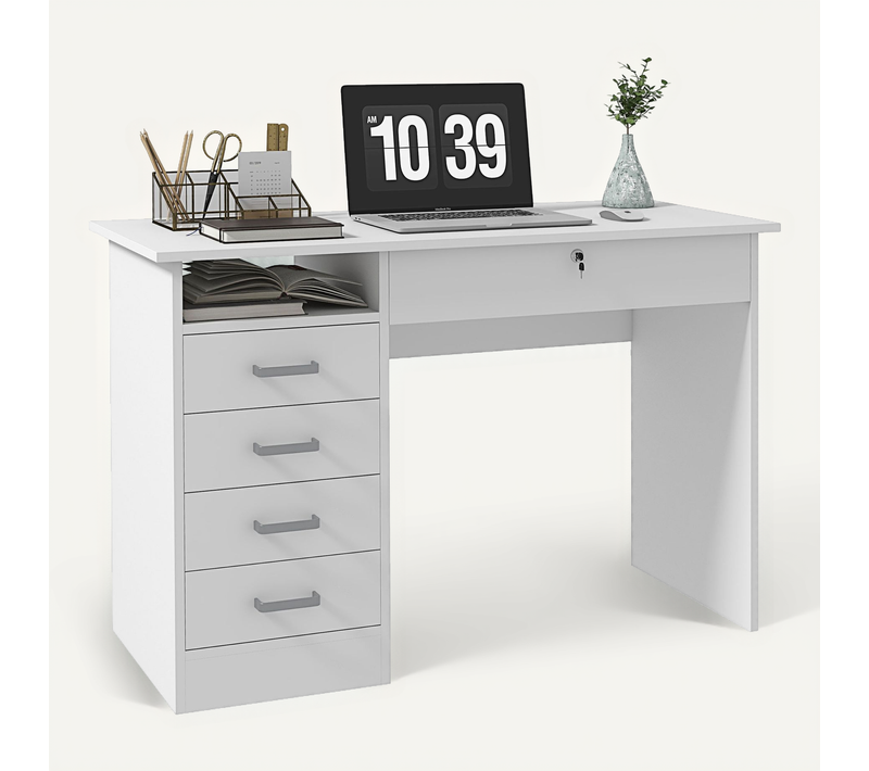 Bureau Multimédia Multi-rangement 5 Tiroirs Niche Blanc