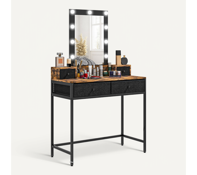Coiffeuse Style Industriel - Miroir LED - 4 Tiroirs - Acier Noir Bois Vieilli