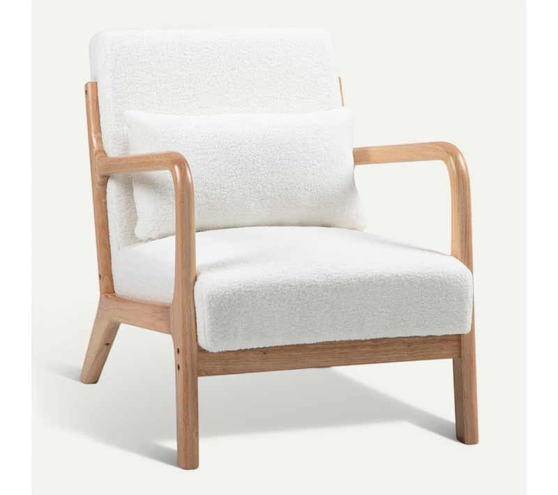 Fauteuil Lounge - 3 Coussins Inclus - Bois Hévéa Effet Laine Bouclée