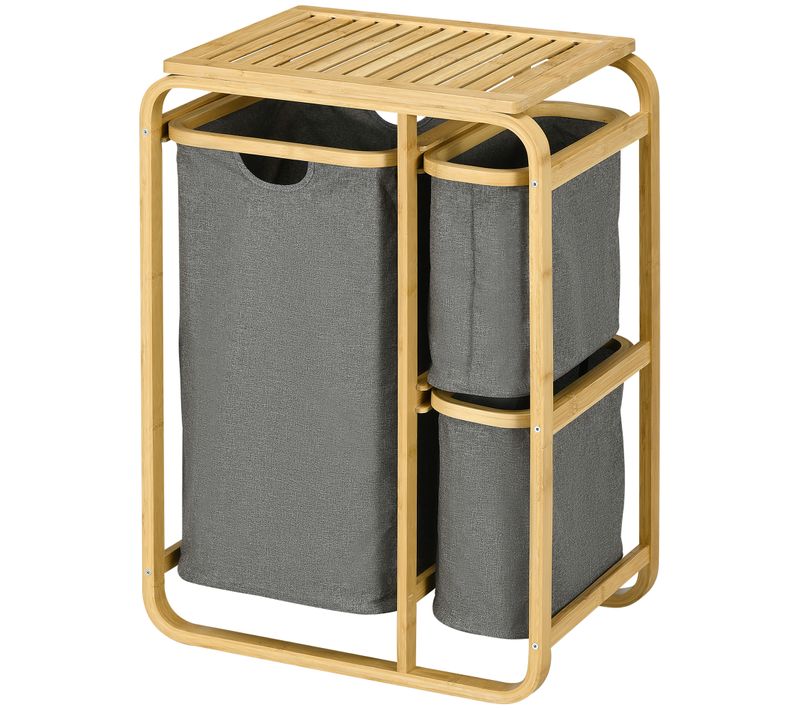Panier à Linge Corbeille Linge 3 Paniers Amovibles Bambou Non-tissé Gris