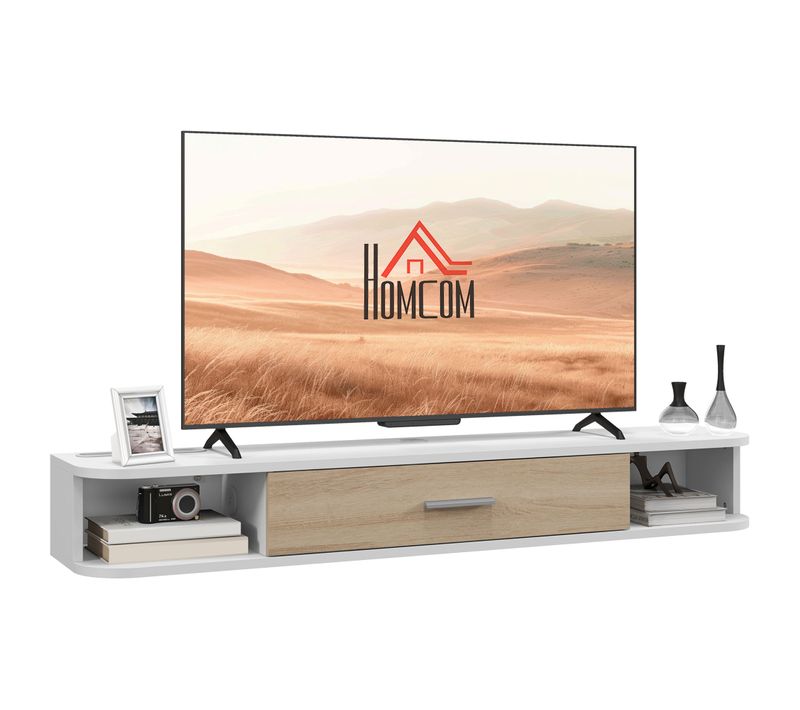 Meuble TV Mural Design Flottant - 2 Niches, Porte Abattante - Blanc Aspect Chêne Clair