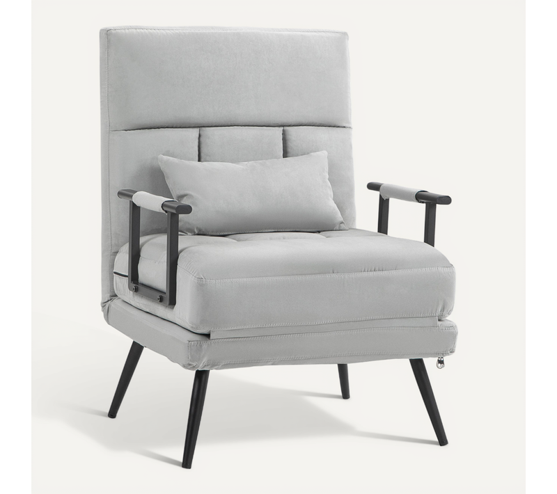 Fauteuil Chauffeuse Canapé-lit Convertible 1 Place Velours Gris Clair