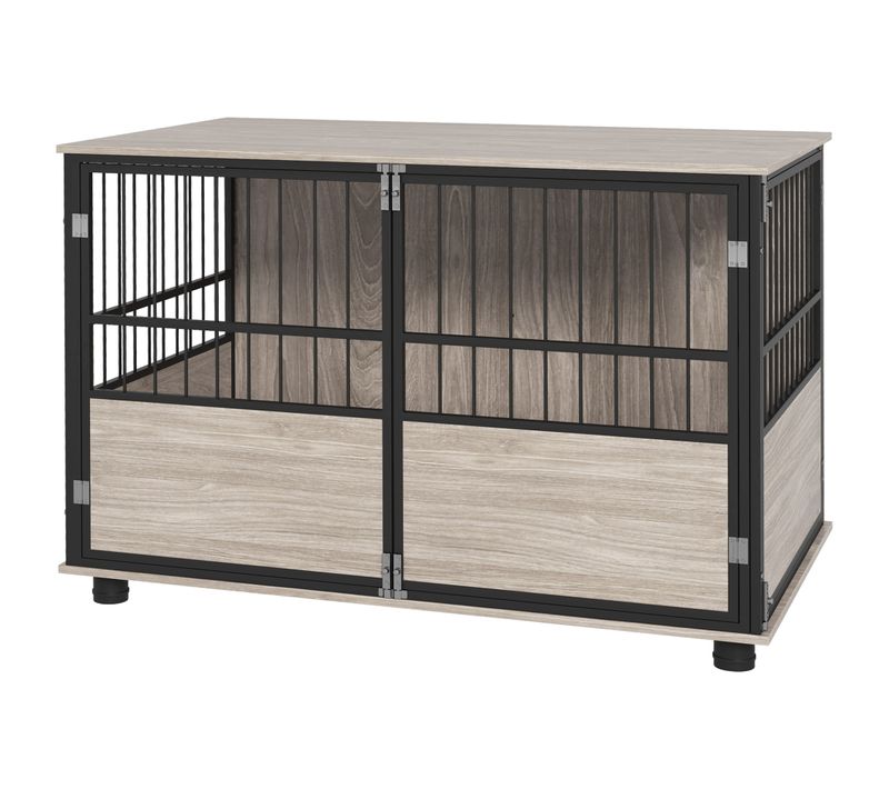 Cage Chien Style Industriel Avec Porte Acier Noir Aspect Bois