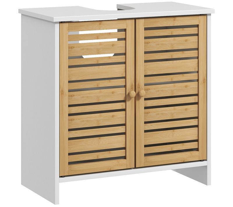 Meuble Sous Vasque Style Cosy Naturel - 2 Portes, étagère - Blanc Bambou