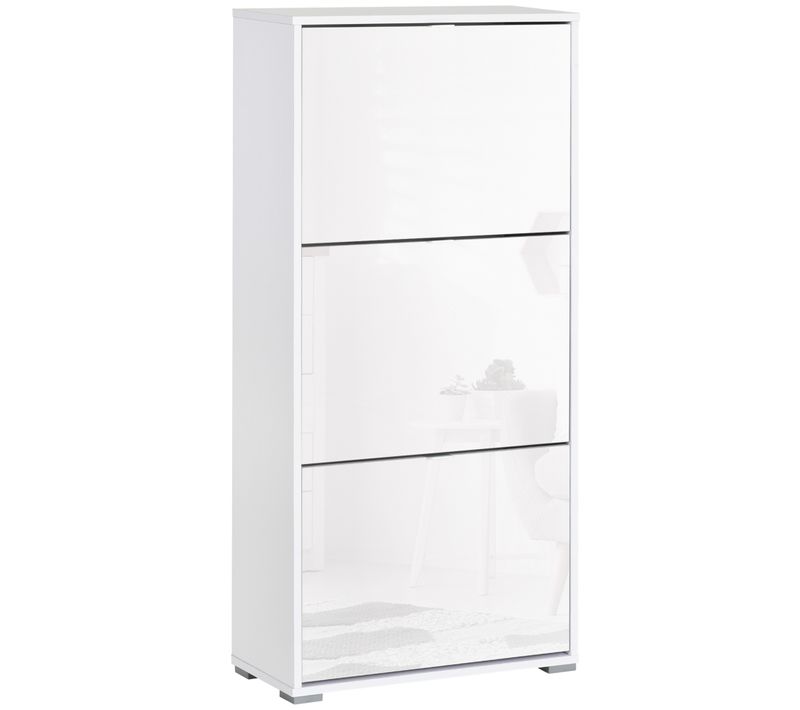 Meuble à Chaussures 3 Portes Abattantes 3 Compartiments Blanc Laqué