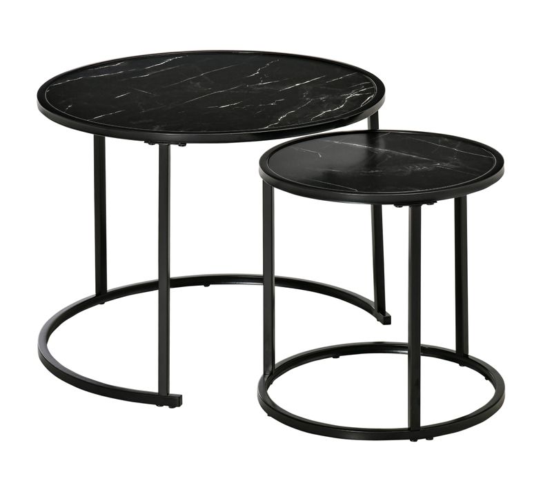 Lot De 2 Tables Basses Rondes Gigognes Empilables Métal Noir Aspect Marbre