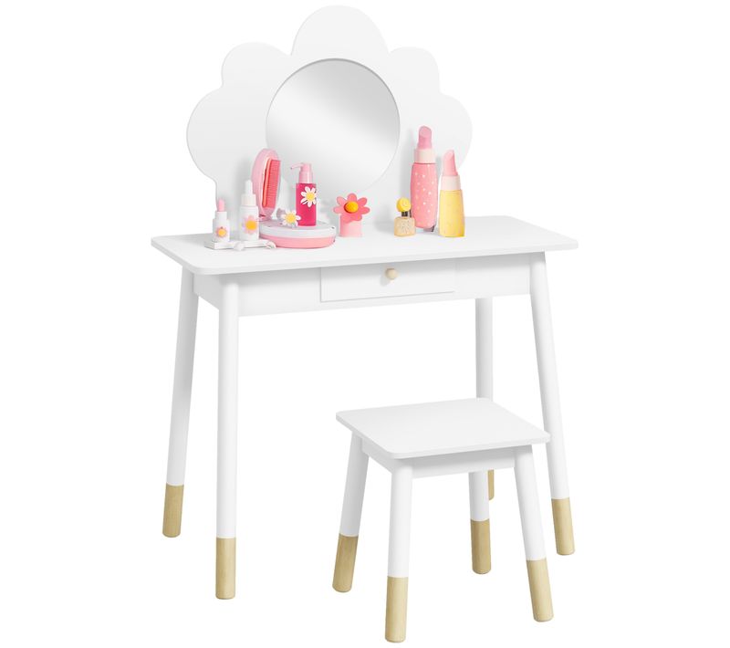Ensemble Coiffeuse Tabouret Enfant Style Nordique Motif Nuage Effet Bois Clair Blanc