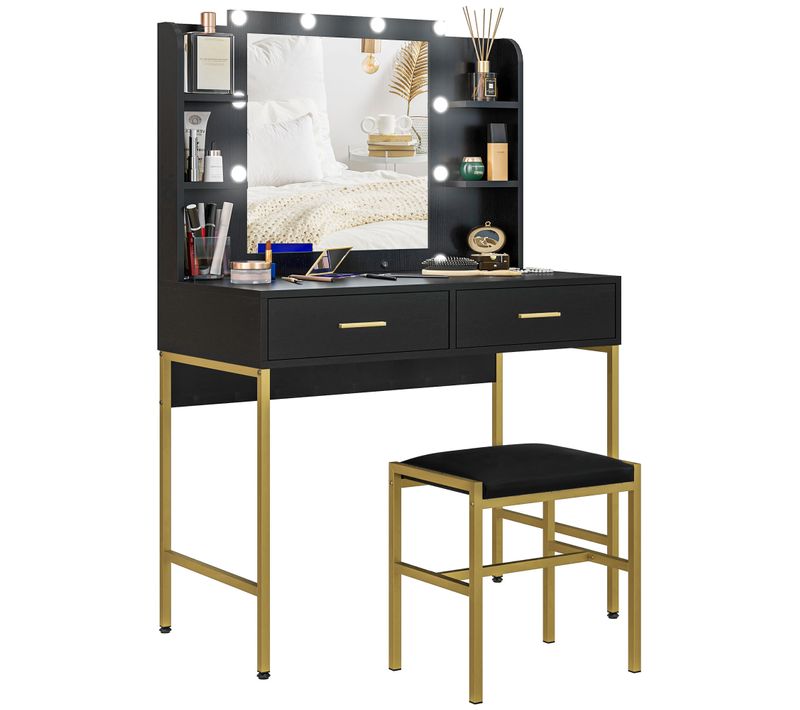 Ensemble Coiffeuse Miroir LED Tabouret Style Art Déco Multi-rangement