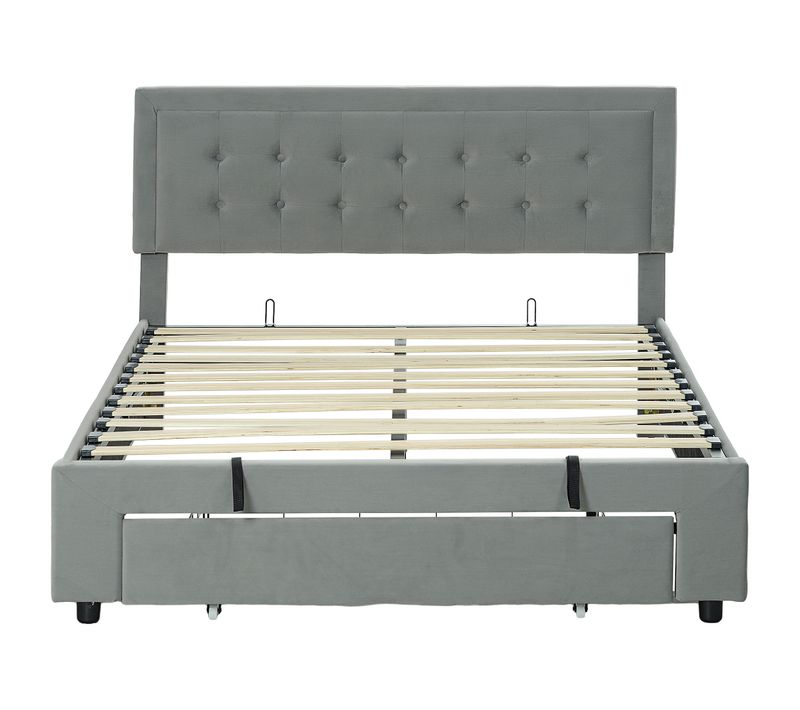 Lit Double Coffre - Tête De Lit, Pied De Lit Et Sommier - Velours Gris