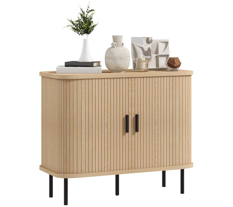 Buffet Style Scandinave 2 Portes Coulissantes Acier Noir Aspect Bois Clair