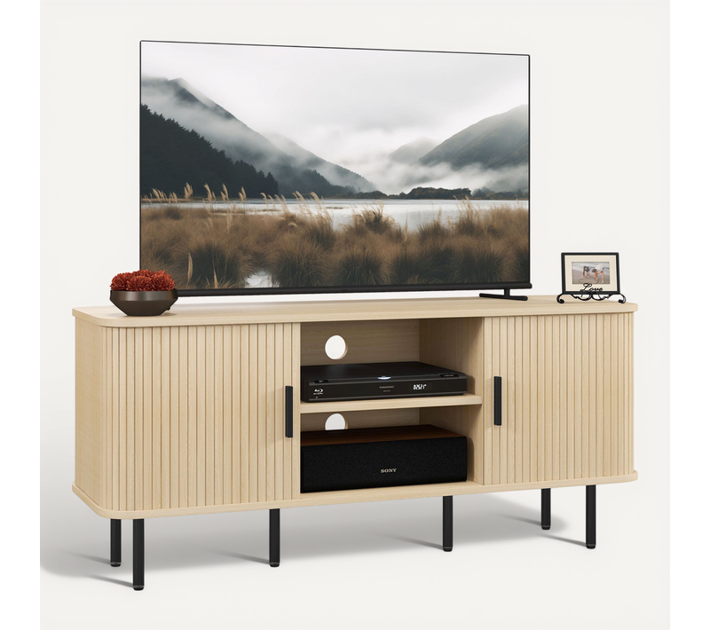 Meuble TV Style Scandinave - 2 Portes, 2 Niches - Acier Noir Aspect Bois Clair