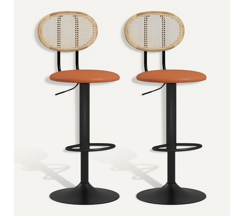 Lot De 2 Tabourets De Bar Design Néo-rétro Réglable Pivotant Acier Pu Rotin
