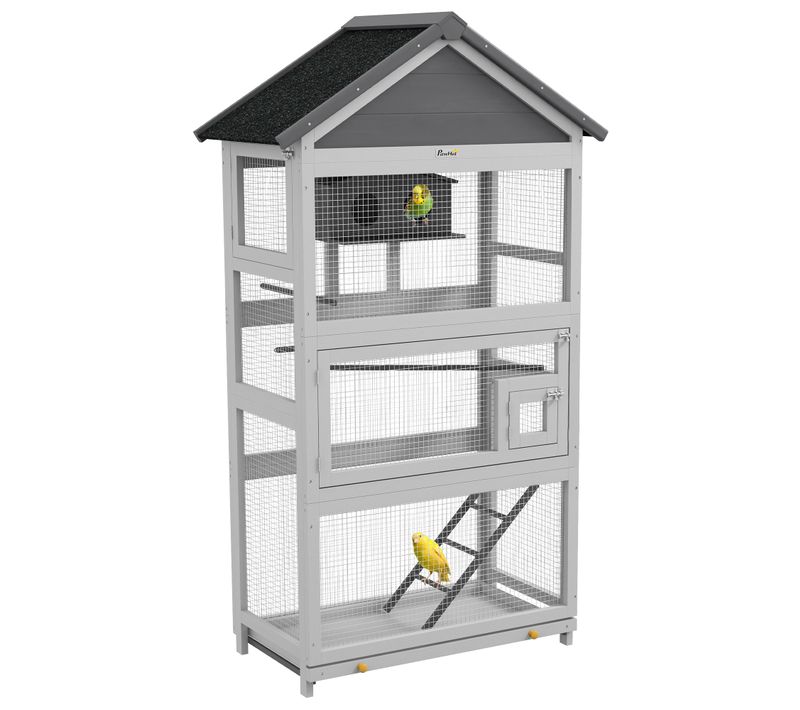 Volière Oiseaux En Bois Toit Bitumé Double Pente Nombreux Accessoires Gris