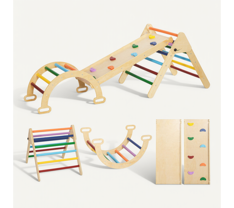 Ensemble D'escalade En Bois 5 En 1 - Triangle Pikler, Arche, Bascule, Toboggan, Rampe