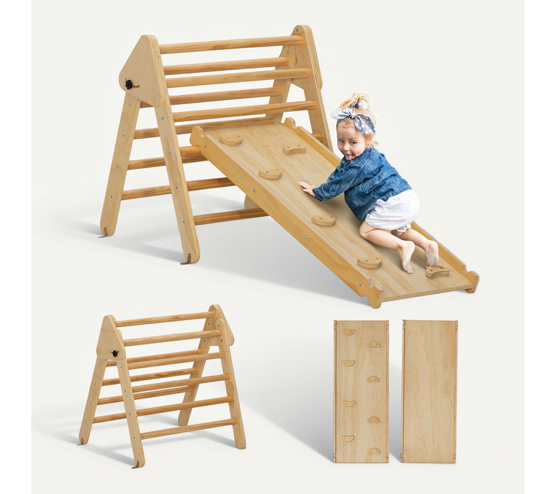 Ensemble D'escalade En Bois 3 En 1 - Triangle Pikler, Toboggan, Rampe