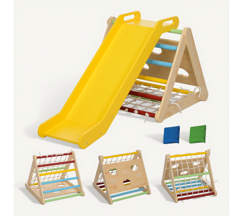 Ensemble D'escalade En Bois 5 En 1 - Triangle Pikler, Toboggan, Filet à Grimper, Rampe, Jeu Adresse