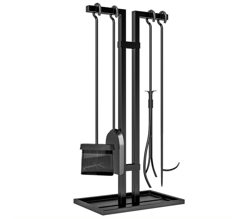Serviteur De Cheminée 5 Pièces - Balai, Pelle, Pince, Tisonnier, Support - Métal Noir